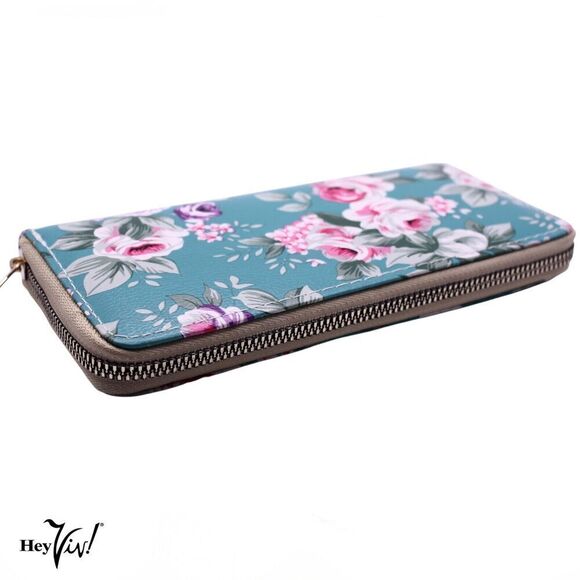Green Rose Print Zip Wallet Clutch Easy to Hold and Carry 8 x4" - Hey Viv - Picture 2 of 5